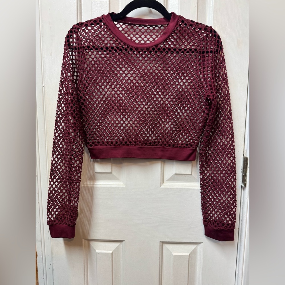 Women's Burgundy Mesh Long Sleeve Crop Top